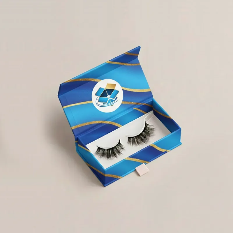 Eyelash packaging box with clear window, revealing multiple false lashes on a white tray inside.